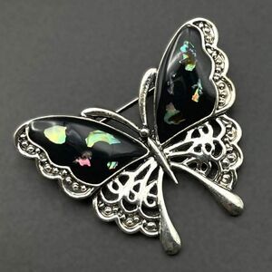 Silver with Embedded Shell and Black Enamel Butterfly Pin Back Brooch